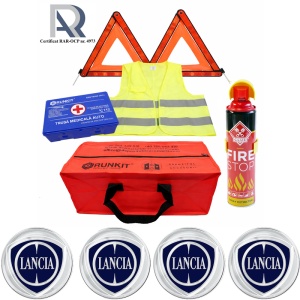 Kit Trusa siguranta rutiera auto, Omologat R.A.R, Valabilitate 5 ani, 1x Extinctor tip spray, 1x Trusa Medicala, 2x Triunghiuri,1x Geanta depozitare rosie, 4x Stickere auto Lancia