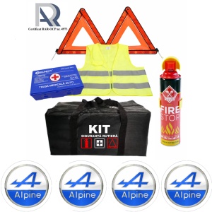 Kit Trusa siguranta rutiera auto, Omologat R.A.R, Valabilitate 5 ani, 1x Extinctor tip spray, 1x Trusa Medicala, 2x Triunghiuri,1x Geanta depozitare neagra, 4x Stickere auto Alpine