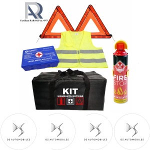 Kit Trusa siguranta rutiera auto, Omologat R.A.R, Valabilitate 5 ani, 1x Extinctor tip spray, 1x Trusa Medicala, 2x Triunghiuri,1x Geanta depozitare neagra, 4x Stickere auto Ds