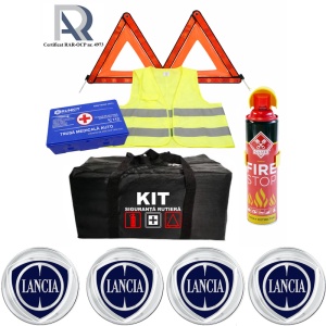 Kit Trusa siguranta rutiera auto, Omologat R.A.R, Valabilitate 5 ani, 1x Extinctor tip spray, 1x Trusa Medicala, 2x Triunghiuri,1x Geanta depozitare neagra, 4x Stickere auto Lancia