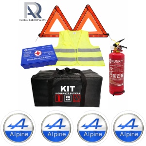 Kit Trusa siguranta rutiera auto, Omologat R.A.R, Valabilitate 5 ani, 1x Stingator cu manometru 1kg P1, 1x Trusa Medicala, 2x Triunghiuri,1x Geanta depozitare neagra, 4x Stickere auto Alpine