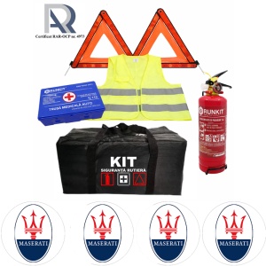 Kit Trusa siguranta rutiera auto, Omologat R.A.R, Valabilitate 5 ani, 1x Stingator cu manometru 1kg P1, 1x Trusa Medicala, 2x Triunghiuri,1x Geanta depozitare neagra, 4x Stickere auto Maserati