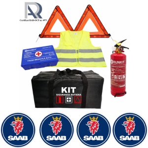 Kit Trusa siguranta rutiera auto, Omologat R.A.R, Valabilitate 5 ani, 1x Stingator cu manometru 1kg P1, 1x Trusa Medicala, 2x Triunghiuri,1x Geanta depozitare neagra, 4x Stickere auto Saab