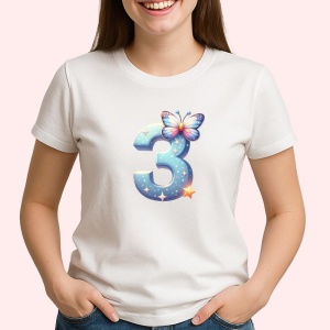 Tricou Alfabet Cifra 3 cu fluturi colorati, stele aurii, flori colorate, Alb, Unisex Dama si Barbat | Copii - Img 2