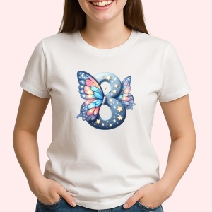Tricou Alfabet Cifra 8 cu fluturi colorati, stele aurii, flori colorate, Alb, Unisex Dama si Barbat | Copii - Img 2