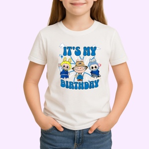 Tricou Labubu birthday albastru, Unisex Dama si Barbat | Copii - Img 1