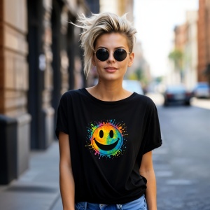 Tricou Smiley Happy Colorat Negru, Copii | Dama | Barbat - Img 8
