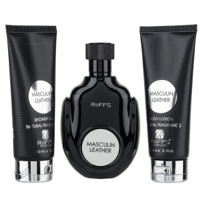 Cadou Masculin Leather Apa de Parfum 100ml + Gel De Dus 100ml + Lotiune de corp 100ml, Riiffs Parfum arabesc - Img 1