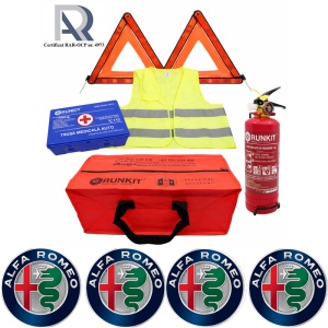 Kit Trusa siguranta rutiera auto, Omologat R.A.R, Valabilitate 5 ani, 1x Stingator cu manometru 1kg P1, 1x Trusa Medicala, 2x Triunghiuri,1x Geanta depozitare rosie, 4x Stickere auto Alfa Romeo
