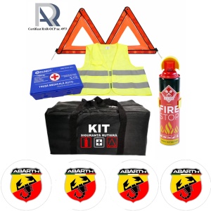 Kit Trusa siguranta rutiera auto, Omologat R.A.R, Valabilitate 5 ani, 1x Extinctor tip spray, 1x Trusa Medicala, 2x Triunghiuri,1x Geanta depozitare neagra, 4x Stickere auto Abarth