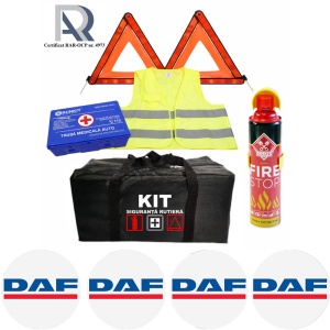 Kit Trusa siguranta rutiera auto, Omologat R.A.R, Valabilitate 5 ani, 1x Extinctor tip spray, 1x Trusa Medicala, 2x Triunghiuri,1x Geanta depozitare neagra, 4x Stickere auto Daf