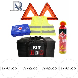 Kit Trusa siguranta rutiera auto, Omologat R.A.R, Valabilitate 5 ani, 1x Extinctor tip spray, 1x Trusa Medicala, 2x Triunghiuri,1x Geanta depozitare neagra, 4x Stickere auto Lynk & Co