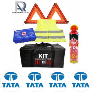 Kit Trusa siguranta rutiera auto, Omologat R.A.R, Valabilitate 5 ani, 1x Extinctor tip spray, 1x Trusa Medicala, 2x Triunghiuri,1x Geanta depozitare neagra, 4x Stickere auto Tata