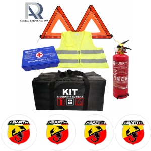 Kit Trusa siguranta rutiera auto, Omologat R.A.R, Valabilitate 5 ani, 1x Stingator cu manometru 1kg P1, 1x Trusa Medicala, 2x Triunghiuri,1x Geanta depozitare neagra, 4x Stickere auto Abarth