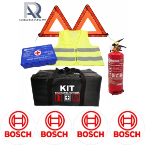 Kit Trusa siguranta rutiera auto, Omologat R.A.R, Valabilitate 5 ani, 1x Stingator cu manometru 1kg P1, 1x Trusa Medicala, 2x Triunghiuri,1x Geanta depozitare neagra, 4x Stickere auto Bosch
