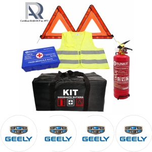 Kit Trusa siguranta rutiera auto, Omologat R.A.R, Valabilitate 5 ani, 1x Stingator cu manometru 1kg P1, 1x Trusa Medicala, 2x Triunghiuri,1x Geanta depozitare neagra, 4x Stickere auto Geely