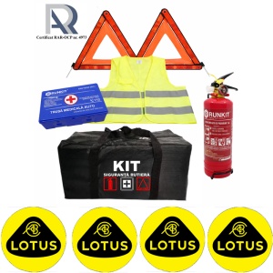 Kit Trusa siguranta rutiera auto, Omologat R.A.R, Valabilitate 5 ani, 1x Stingator cu manometru 1kg P1, 1x Trusa Medicala, 2x Triunghiuri,1x Geanta depozitare neagra, 4x Stickere auto Lotus