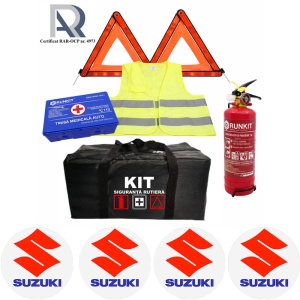 Kit Trusa siguranta rutiera auto, Omologat R.A.R, Valabilitate 5 ani, 1x Stingator cu manometru 1kg P1, 1x Trusa Medicala, 2x Triunghiuri,1x Geanta depozitare neagra, 4x Stickere auto Suzuki