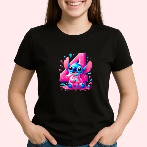 Tricou Alfabet Cifra 4 cu Lilo si Stitch albastru, veselie mare, Negru, Unisex Dama si Barbat | Copii - Img 2