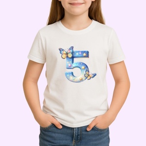 Tricou Alfabet Cifra 5 cu fluturi colorati, stele aurii, flori colorate, Alb, Unisex Dama si Barbat | Copii - Img 1