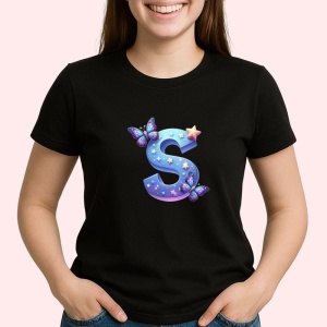 Tricou Alfabet Litera S cu fluturi colorati, stele aurii, flori colorate, Negru, Unisex Dama si Barbat | Copii - Img 2