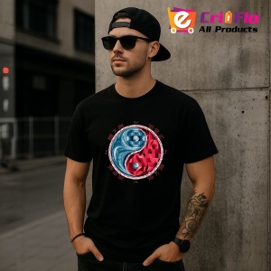 Tricou Yin Yang Rosu Albastru Stil Japonez, Copii | Dama | Barbat, culoare negru - Img 1