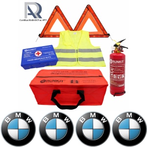 Kit Trusa siguranta rutiera auto, Omologat R.A.R, Valabilitate 5 ani, 1x Stingator cu manometru 1kg P1, 1x Trusa Medicala, 2x Triunghiuri,1x Geanta depozitare rosie, 4x Stickere auto Bmw