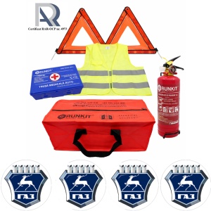 Kit Trusa siguranta rutiera auto, Omologat R.A.R, Valabilitate 5 ani, 1x Stingator cu manometru 1kg P1, 1x Trusa Medicala, 2x Triunghiuri,1x Geanta depozitare rosie, 4x Stickere auto Gaz