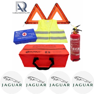 Kit Trusa siguranta rutiera auto, Omologat R.A.R, Valabilitate 5 ani, 1x Stingator cu manometru 1kg P1, 1x Trusa Medicala, 2x Triunghiuri,1x Geanta depozitare rosie, 4x Stickere auto Jaguar