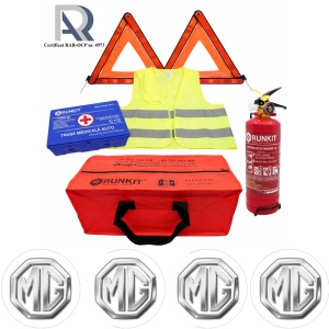 Kit Trusa siguranta rutiera auto, Omologat R.A.R, Valabilitate 5 ani, 1x Stingator cu manometru 1kg P1, 1x Trusa Medicala, 2x Triunghiuri,1x Geanta depozitare rosie, 4x Stickere auto Mg