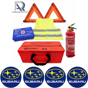 Kit Trusa siguranta rutiera auto, Omologat R.A.R, Valabilitate 5 ani, 1x Stingator cu manometru 1kg P1, 1x Trusa Medicala, 2x Triunghiuri,1x Geanta depozitare rosie, 4x Stickere auto Subaru