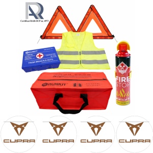 Kit Trusa siguranta rutiera auto, Omologat R.A.R, Valabilitate 5 ani, 1x Extinctor tip spray, 1x Trusa Medicala, 2x Triunghiuri,1x Geanta depozitare rosie, 4x Stickere auto Cupra