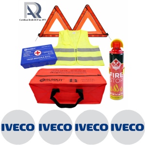 Kit Trusa siguranta rutiera auto, Omologat R.A.R, Valabilitate 5 ani, 1x Extinctor tip spray, 1x Trusa Medicala, 2x Triunghiuri,1x Geanta depozitare rosie, 4x Stickere auto Iveco