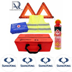 Kit Trusa siguranta rutiera auto, Omologat R.A.R, Valabilitate 5 ani, 1x Extinctor tip spray, 1x Trusa Medicala, 2x Triunghiuri,1x Geanta depozitare rosie, 4x Stickere auto Ssangyong