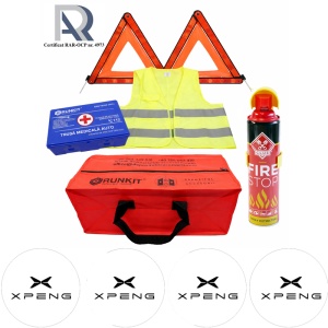 Kit Trusa siguranta rutiera auto, Omologat R.A.R, Valabilitate 5 ani, 1x Extinctor tip spray, 1x Trusa Medicala, 2x Triunghiuri,1x Geanta depozitare rosie, 4x Stickere auto Xpeng