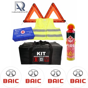 Kit Trusa siguranta rutiera auto, Omologat R.A.R, Valabilitate 5 ani, 1x Extinctor tip spray, 1x Trusa Medicala, 2x Triunghiuri,1x Geanta depozitare neagra, 4x Stickere auto Baic