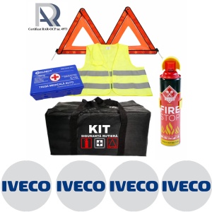 Kit Trusa siguranta rutiera auto, Omologat R.A.R, Valabilitate 5 ani, 1x Extinctor tip spray, 1x Trusa Medicala, 2x Triunghiuri,1x Geanta depozitare neagra, 4x Stickere auto Iveco