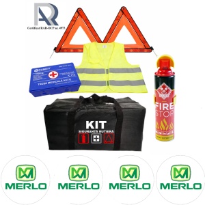 Kit Trusa siguranta rutiera auto, Omologat R.A.R, Valabilitate 5 ani, 1x Extinctor tip spray, 1x Trusa Medicala, 2x Triunghiuri,1x Geanta depozitare neagra, 4x Stickere auto Merlo