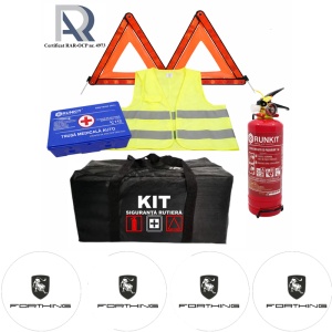 Kit Trusa siguranta rutiera auto, Omologat R.A.R, Valabilitate 5 ani, 1x Stingator cu manometru 1kg P1, 1x Trusa Medicala, 2x Triunghiuri,1x Geanta depozitare neagra, 4x Stickere auto Forthing