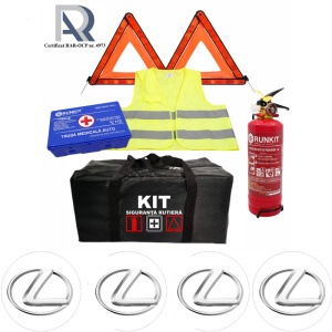 Kit Trusa siguranta rutiera auto, Omologat R.A.R, Valabilitate 5 ani, 1x Stingator cu manometru 1kg P1, 1x Trusa Medicala, 2x Triunghiuri,1x Geanta depozitare neagra, 4x Stickere auto Lexus