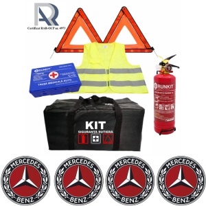 Kit Trusa siguranta rutiera auto, Omologat R.A.R, Valabilitate 5 ani, 1x Stingator cu manometru 1kg P1, 1x Trusa Medicala, 2x Triunghiuri,1x Geanta depozitare neagra, 4x Stickere auto Mercedes-Benz