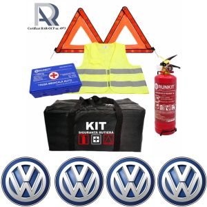 Kit Trusa siguranta rutiera auto, Omologat R.A.R, Valabilitate 5 ani, 1x Stingator cu manometru 1kg P1, 1x Trusa Medicala, 2x Triunghiuri,1x Geanta depozitare neagra, 4x Stickere auto VOLKSWAGEN