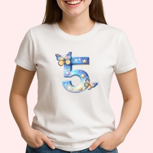 Tricou Alfabet Cifra 5 cu fluturi colorati, stele aurii, flori colorate, Alb, Unisex Dama si Barbat | Copii - Img 2