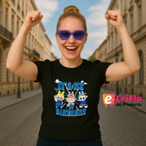 Tricou Labubu birthday albastru, Unisex Dama si Barbat | Copii, Culoare Negru - Img 3