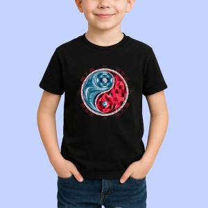 Tricou Yin Yang Rosu Albastru Stil Japonez, Copii | Dama | Barbat, culoare negru - Img 3