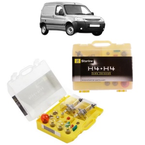 Kit trusa Set becuri H4 compatibila cu PEUGEOT PARTNER Box Body/MPV din 2008-2016, bec far, semnalizare , pozitie, iluminare numar, frana, plafoniera, stop frana