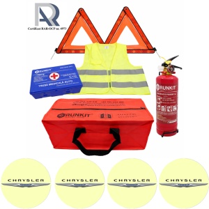 Kit Trusa siguranta rutiera auto, Omologat R.A.R, Valabilitate 5 ani, 1x Stingator cu manometru 1kg P1, 1x Trusa Medicala, 2x Triunghiuri,1x Geanta depozitare rosie, 4x Stickere auto Chrysler