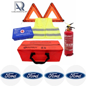 Kit Trusa siguranta rutiera auto, Omologat R.A.R, Valabilitate 5 ani, 1x Stingator cu manometru 1kg P1, 1x Trusa Medicala, 2x Triunghiuri,1x Geanta depozitare rosie, 4x Stickere auto Ford