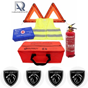 Kit Trusa siguranta rutiera auto, Omologat R.A.R, Valabilitate 5 ani, 1x Stingator cu manometru 1kg P1, 1x Trusa Medicala, 2x Triunghiuri,1x Geanta depozitare rosie, 4x Stickere auto Peugeot