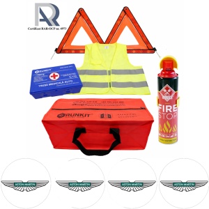 Kit Trusa siguranta rutiera auto, Omologat R.A.R, Valabilitate 5 ani, 1x Extinctor tip spray, 1x Trusa Medicala, 2x Triunghiuri,1x Geanta depozitare rosie, 4x Stickere auto Aston Martin